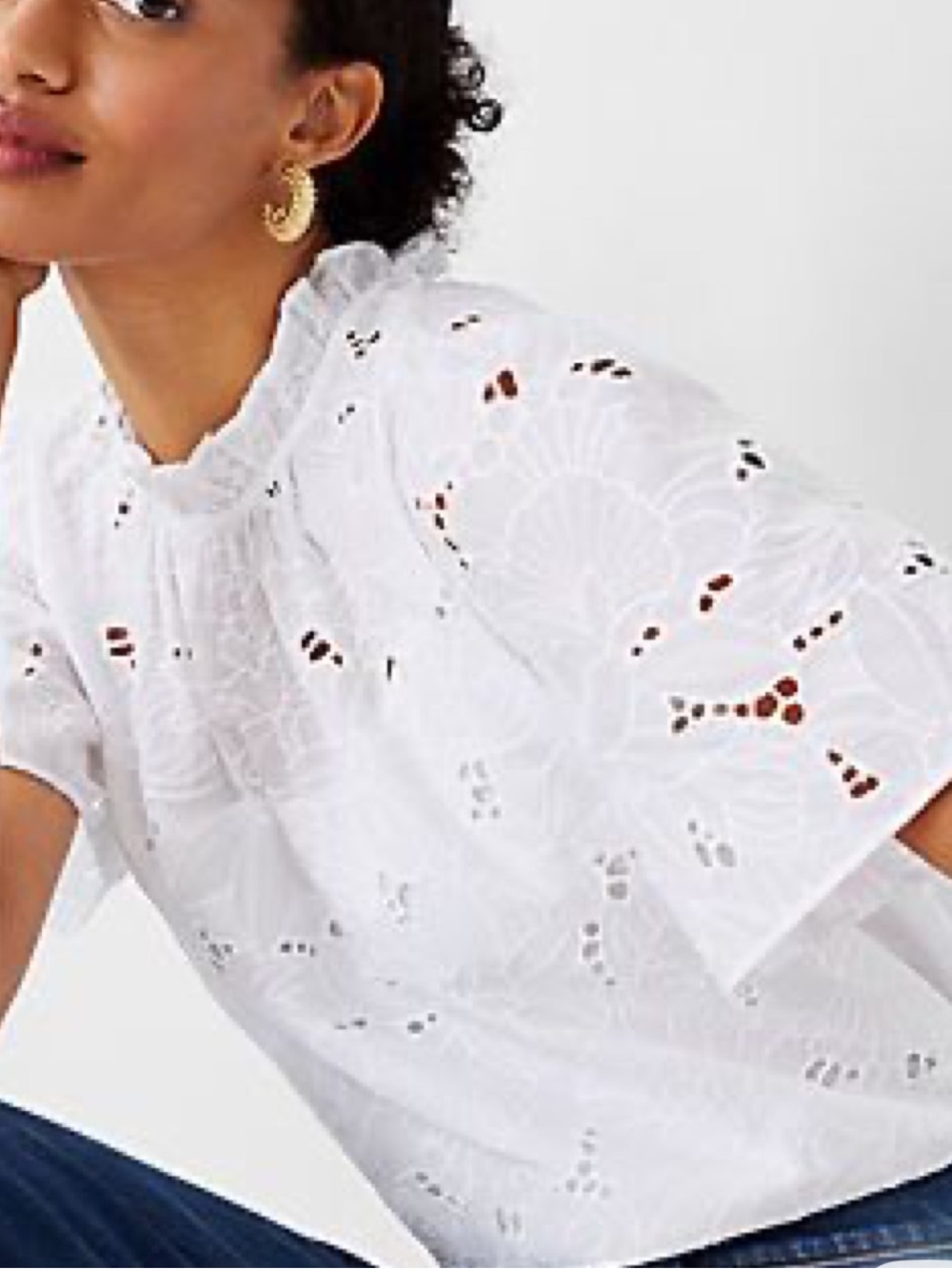 Ann Taylor White Eyelet Lace Ruffle Mock-Neck Blouse